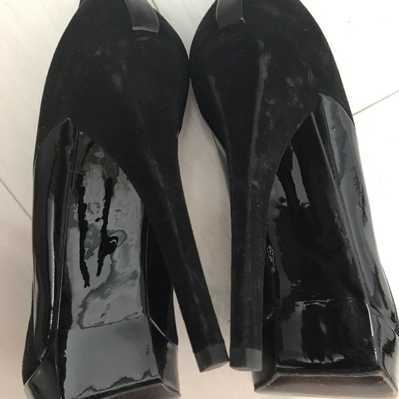 Stuart Weitzman Suede & Patent Peep Toe Heels - Picture 6 of 7